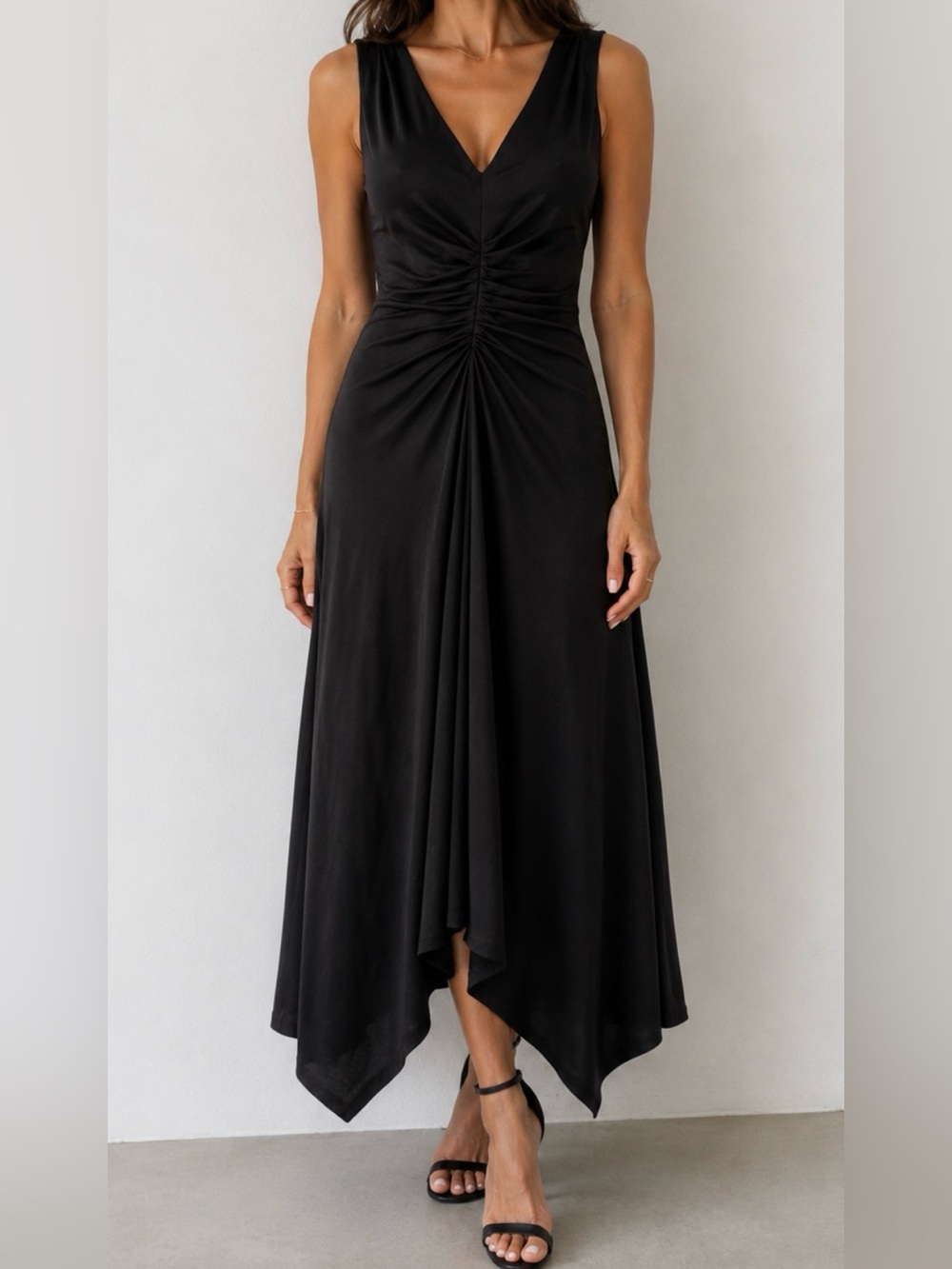 Max Mara Mainline Archival 2015 Silk Knit Ruched Midi Dress Black IT 42